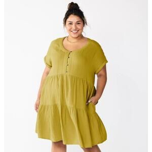 Sonoma Doman Sleeve Tiered 100% Cotton Gauze Midi Length Dress Sz 3X
